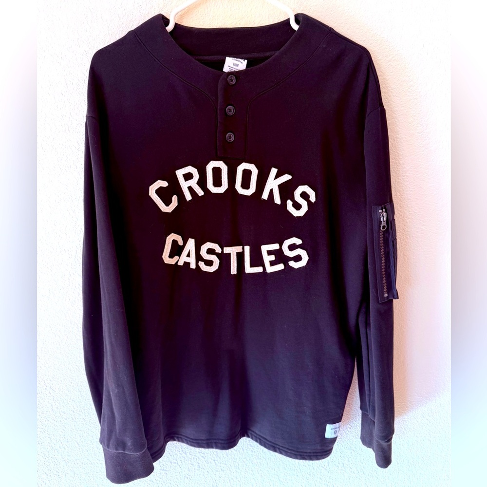 Crooks & Castle - Mens Large Henley Sweatshirt Long Sleeve Utility Zipper Pocket